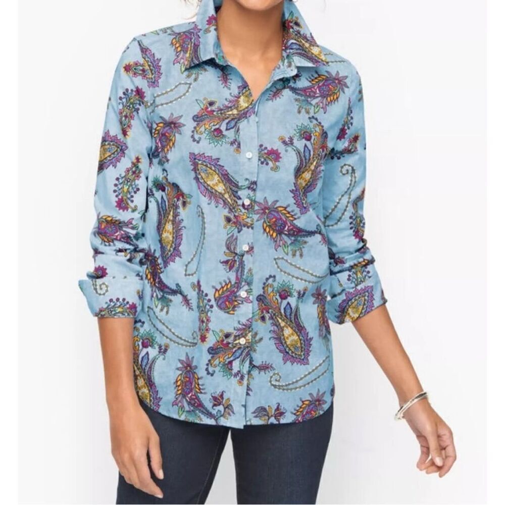 TALBOTS Shirt Womens Sz L Button Up Blouse Top Paisley Long Sleeve Blue Pink